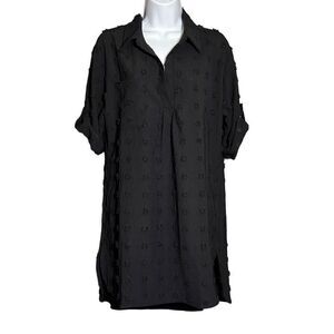 B Women's Polka Dot Mini Dress Tunic Roll Tab Sleeve Collared Black Size Medium